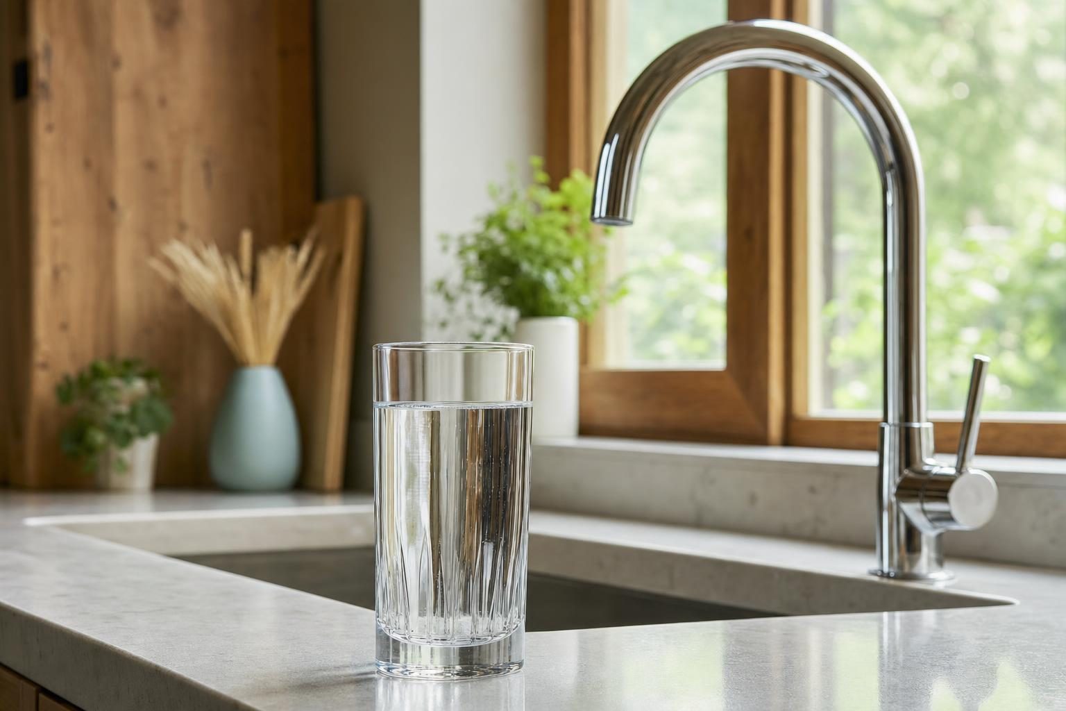 Стакан воды на кухне частного дома у смесителя