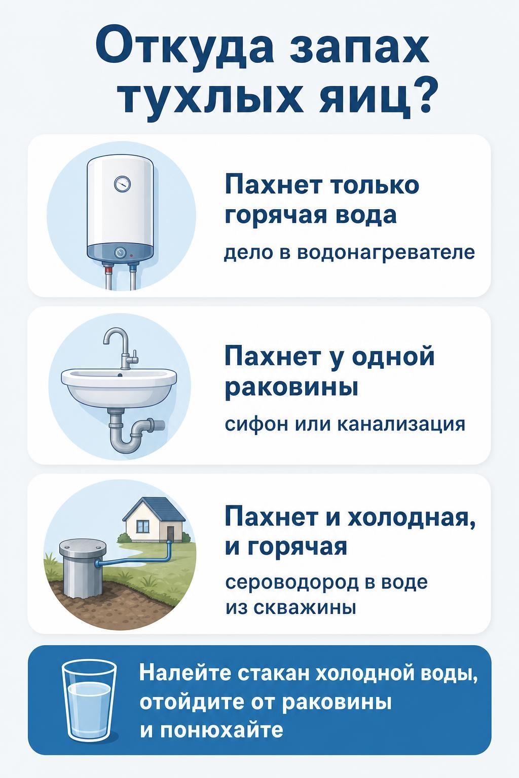 Схема: как понять, откуда запах тухлых яиц, по горячей и холодной воде